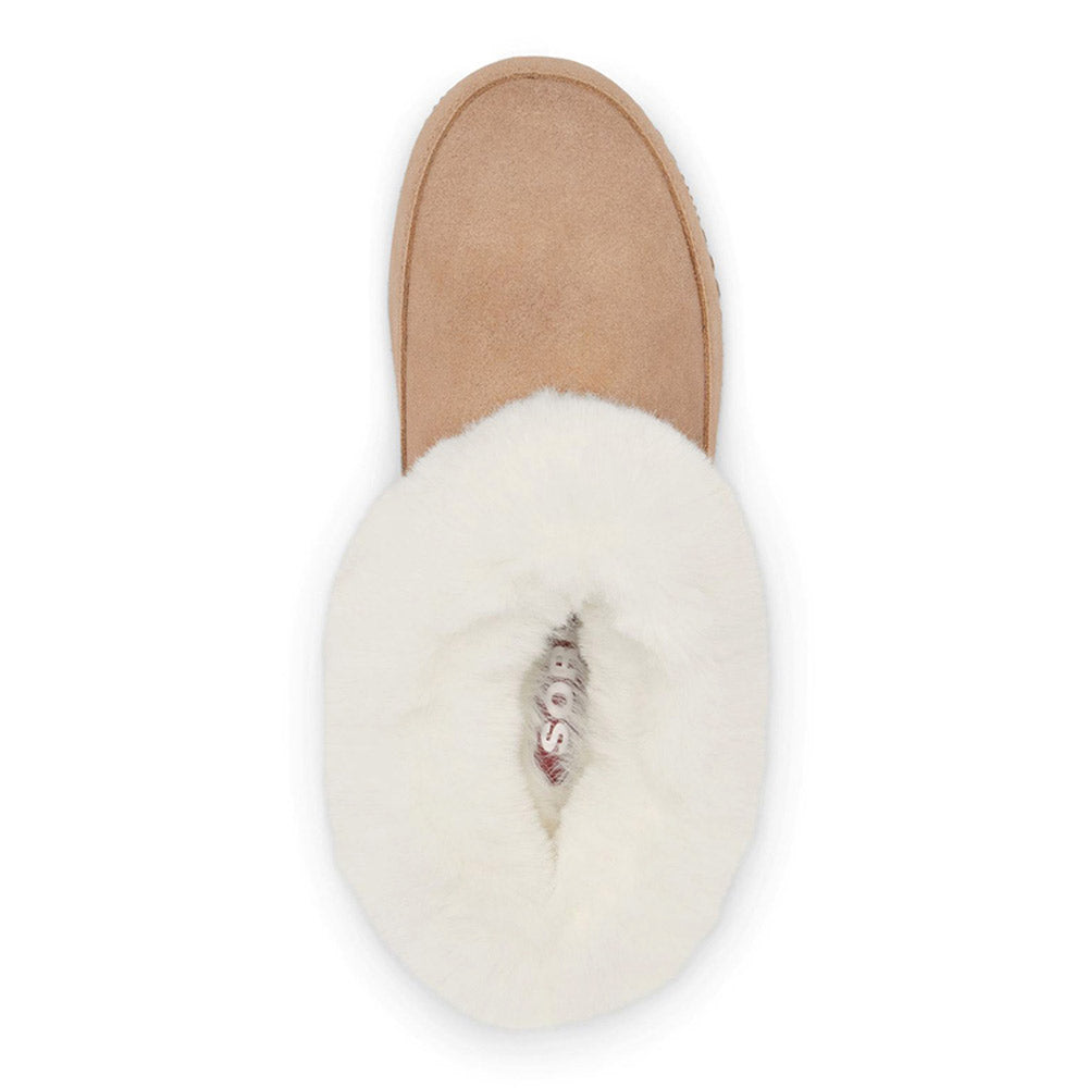 A single cozy slipper with a tan sole viewed from above, featuring plush faux fur.
Product: Sorel Go Coffee Run Tawny Buff - Womens