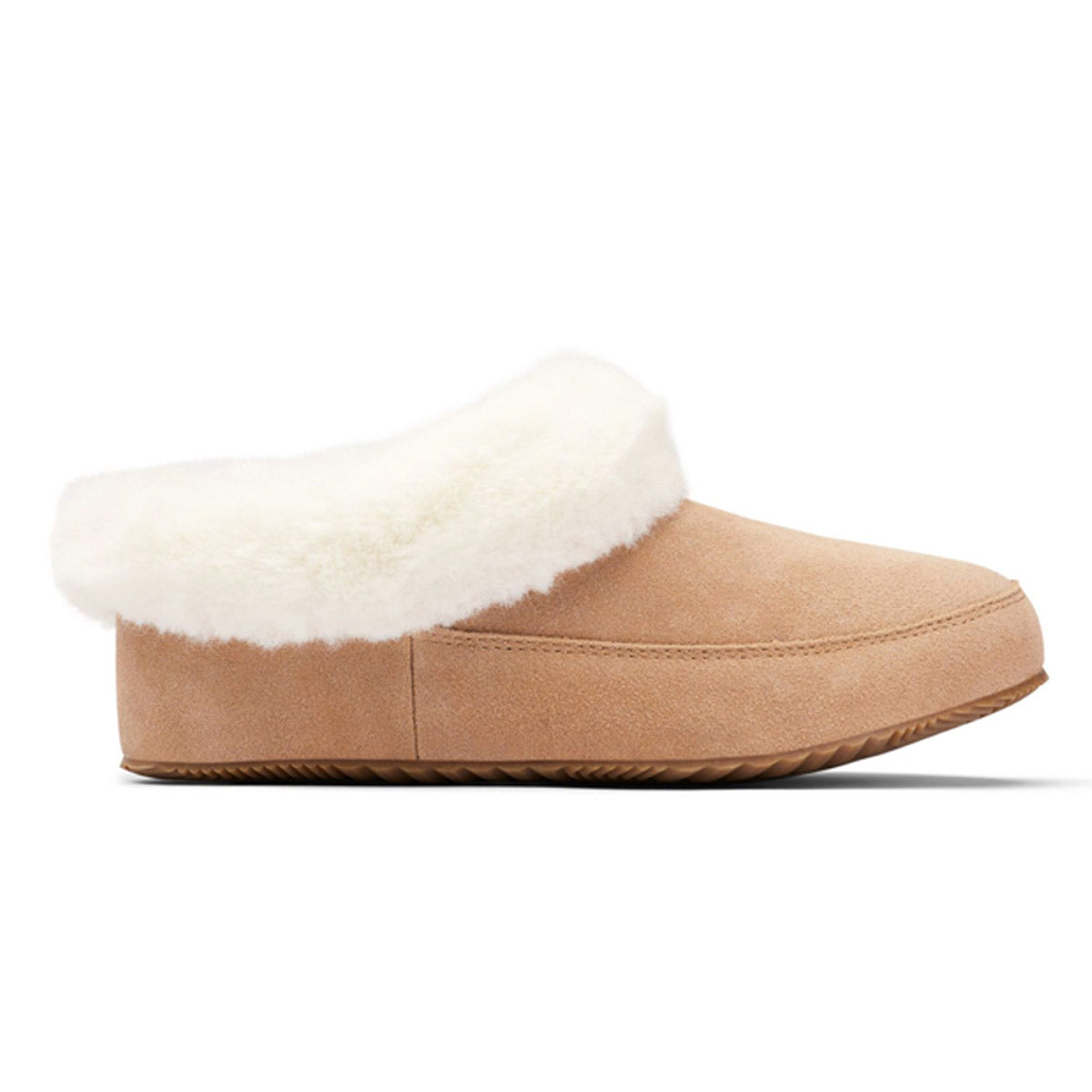 A single tan Sorel Go Coffee Run Tawny Buff slipper with white plush faux fur lining and a brown rubber sole.