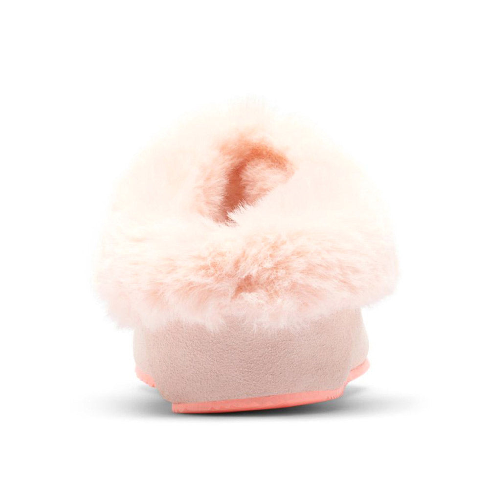 A plush faux fur pink slipper with a pom-pom on a white background, the SOREL GO COFFEE RUN PEACH BLOSSOM/CORAL GLOW - WOMENS from Sorel.