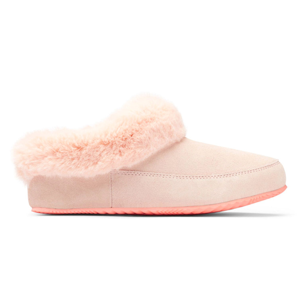 Beige slipper with plush faux fur lining and a coral sole. - SOREL GO COFFEE RUN PEACH BLOSSOM/CORAL GLOW - WOMENS by Sorel