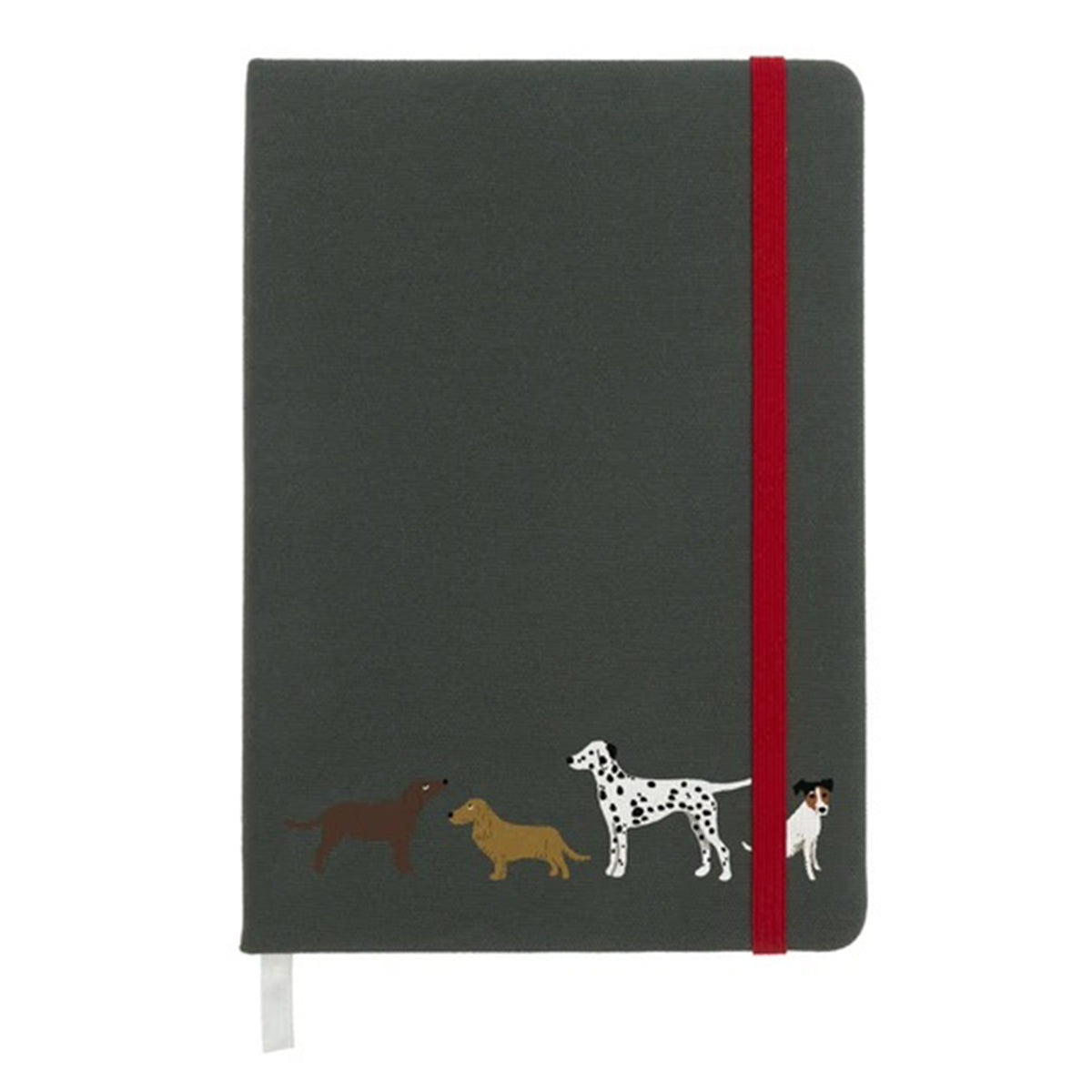 A Sophie Allport B6 sized gray notebook with an elastic red closure featuring illustrations of three different dog breeds on the cover and a ribbon page marker.