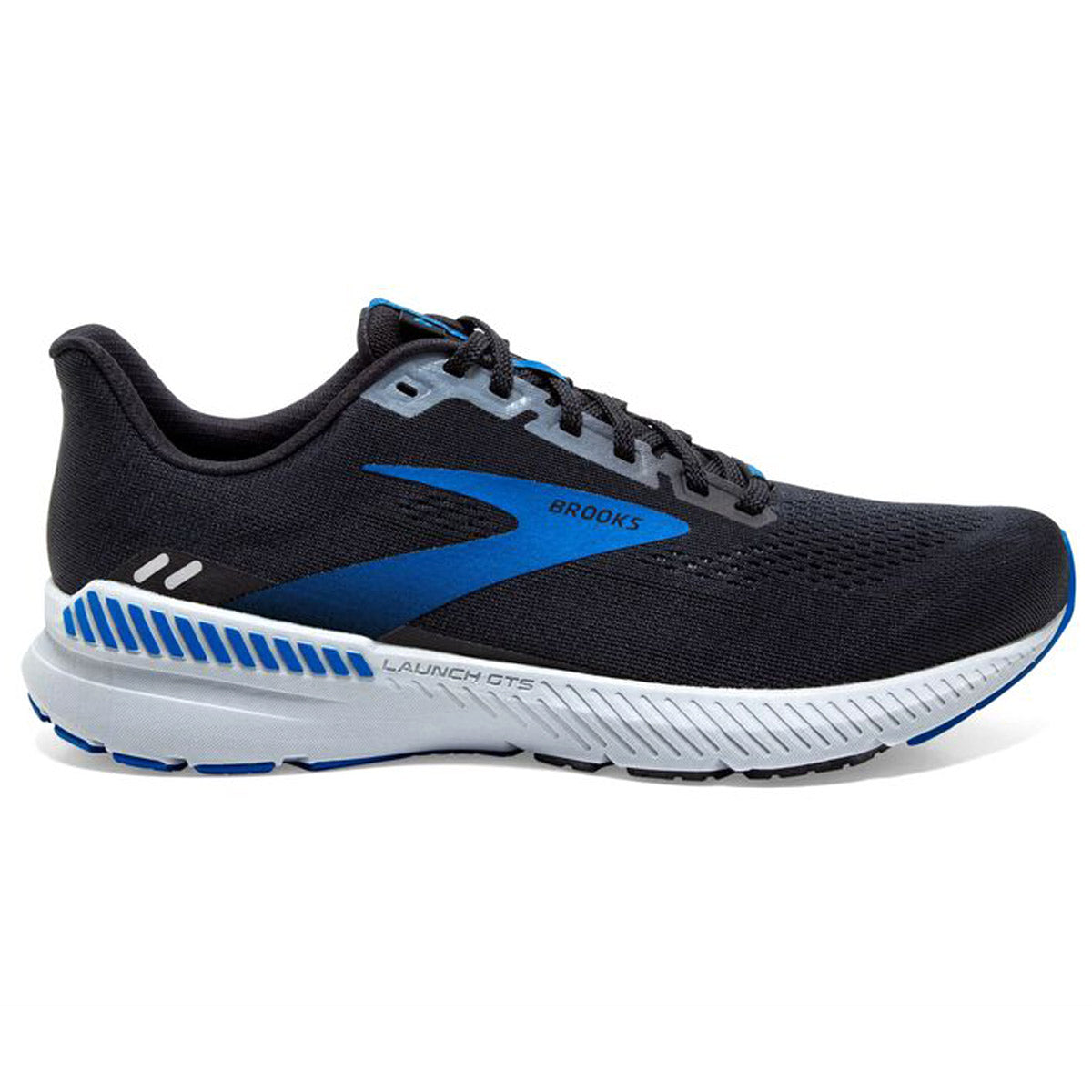 Black and blue Brooks Launch GTS 8 running shoe with a BioMoGo DNA midsole against a white background.