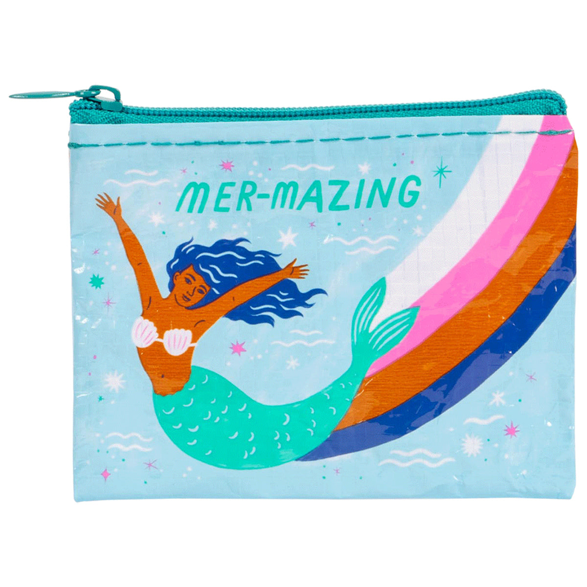 A colorful pencil case made from recycled material, featuring an illustration of a mermaid and the word "Mermazing".