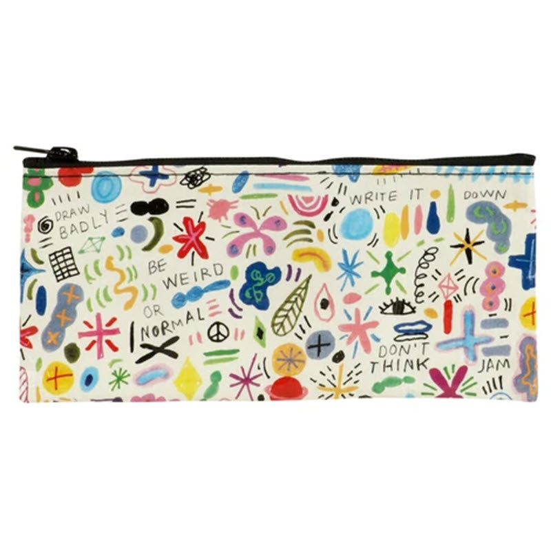 Colorful Blue Q PENCIL CASE DOODLE PARTY made from recycled material, featuring quirky doodles and motivational phrases.