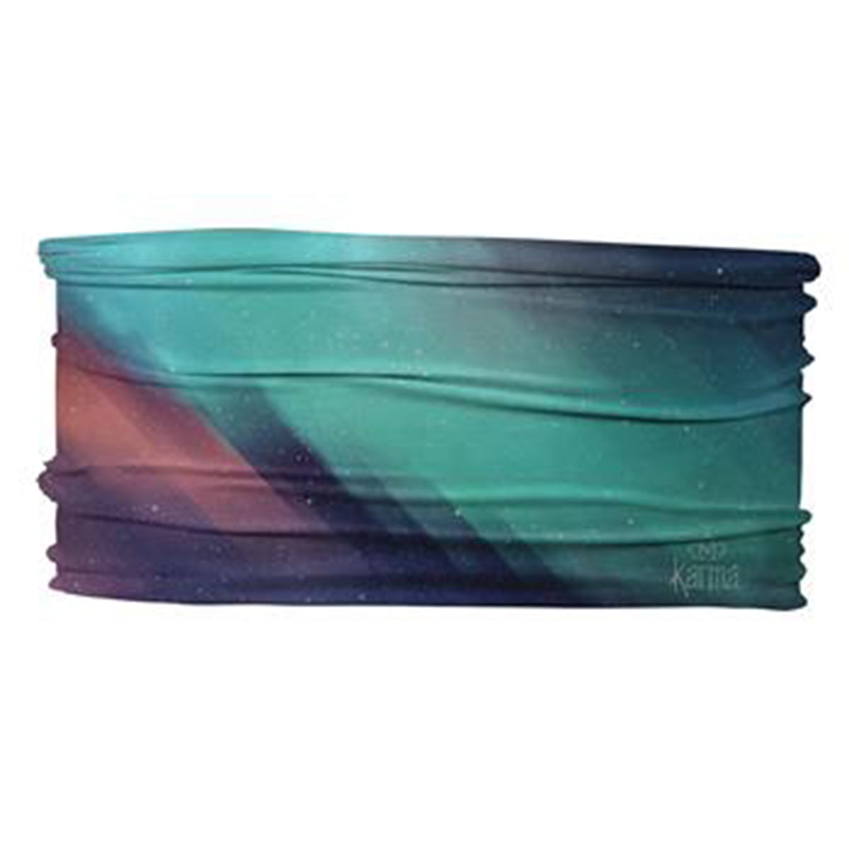 Karma brand Multicolored polyester microfiber neck gaiter with a gradient design ranging from teal to purple.