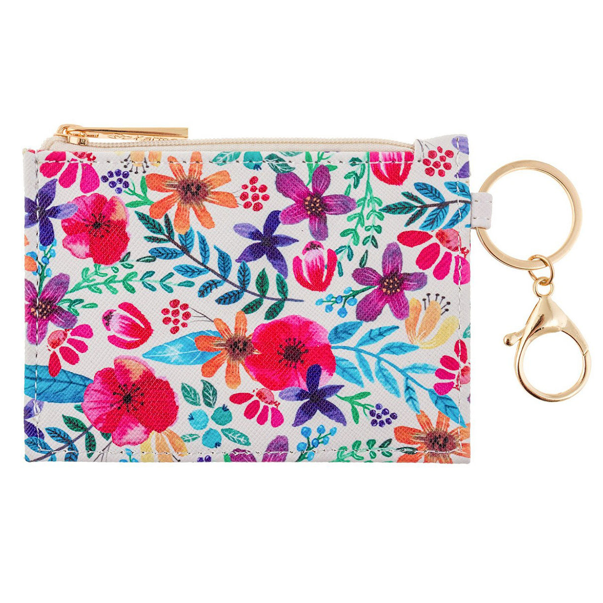 KARMA ZIP ID HOLDER FLORAL pouch with a gold zipper and key rings.