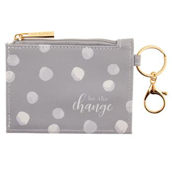 Karma gray polka-dotted vegan leather ID case with "be the change" inscription and a gold keyring.
