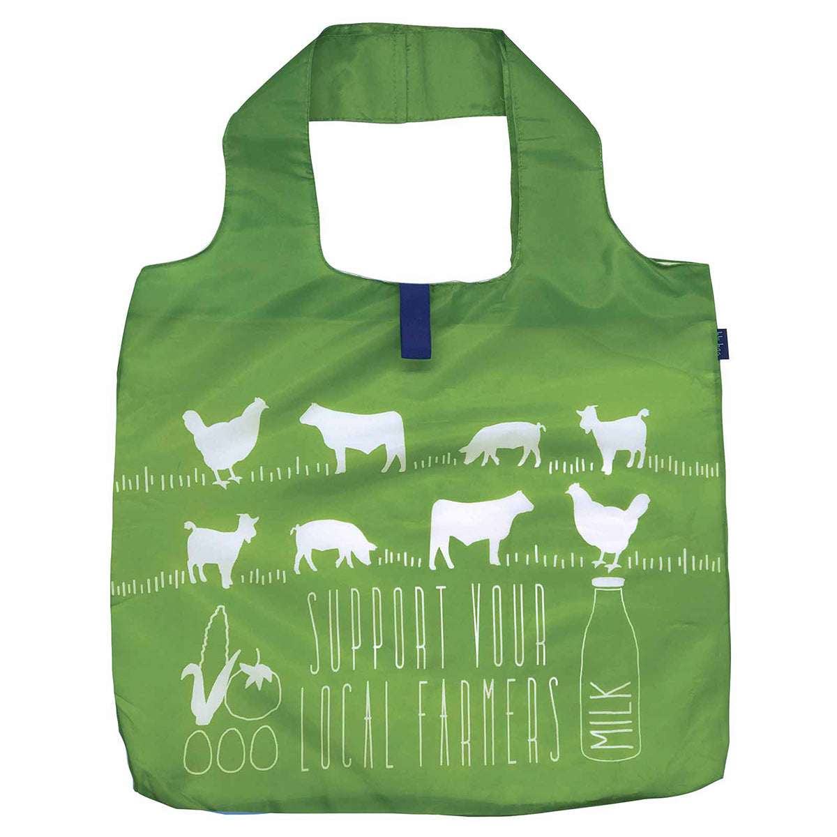 Reusable BLU BAG LOCAL FARMER tote bag featuring white silhouettes of farm animals and a message saying &quot;support your local farmers&quot; along with a milk bottle graphic, perfect as an eco-friendly shopping bag by Rockflowerpaper.