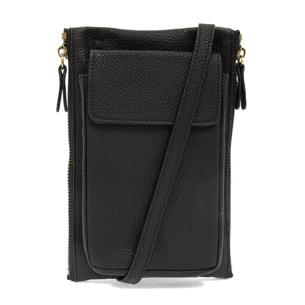 JOY SUSAN MARY CROSSBODY BLACK vegan leather phone wallet with a zipper and external pocket.