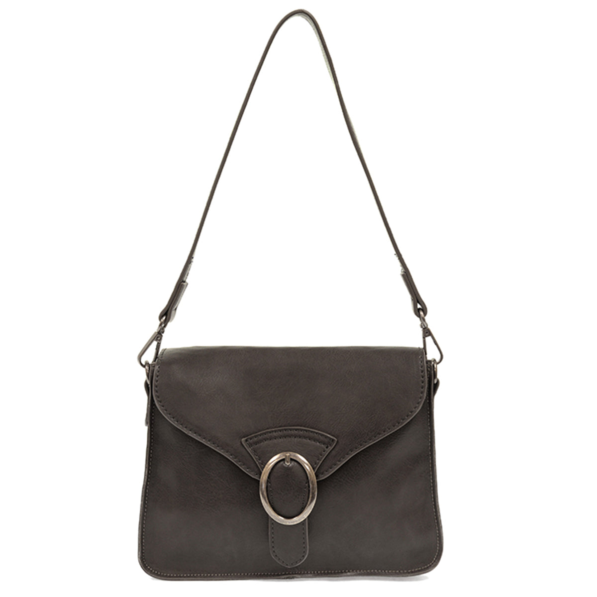 Black vegan leather Joy Susan Drea Convertible Buckle shoulder bag with a circular clasp.