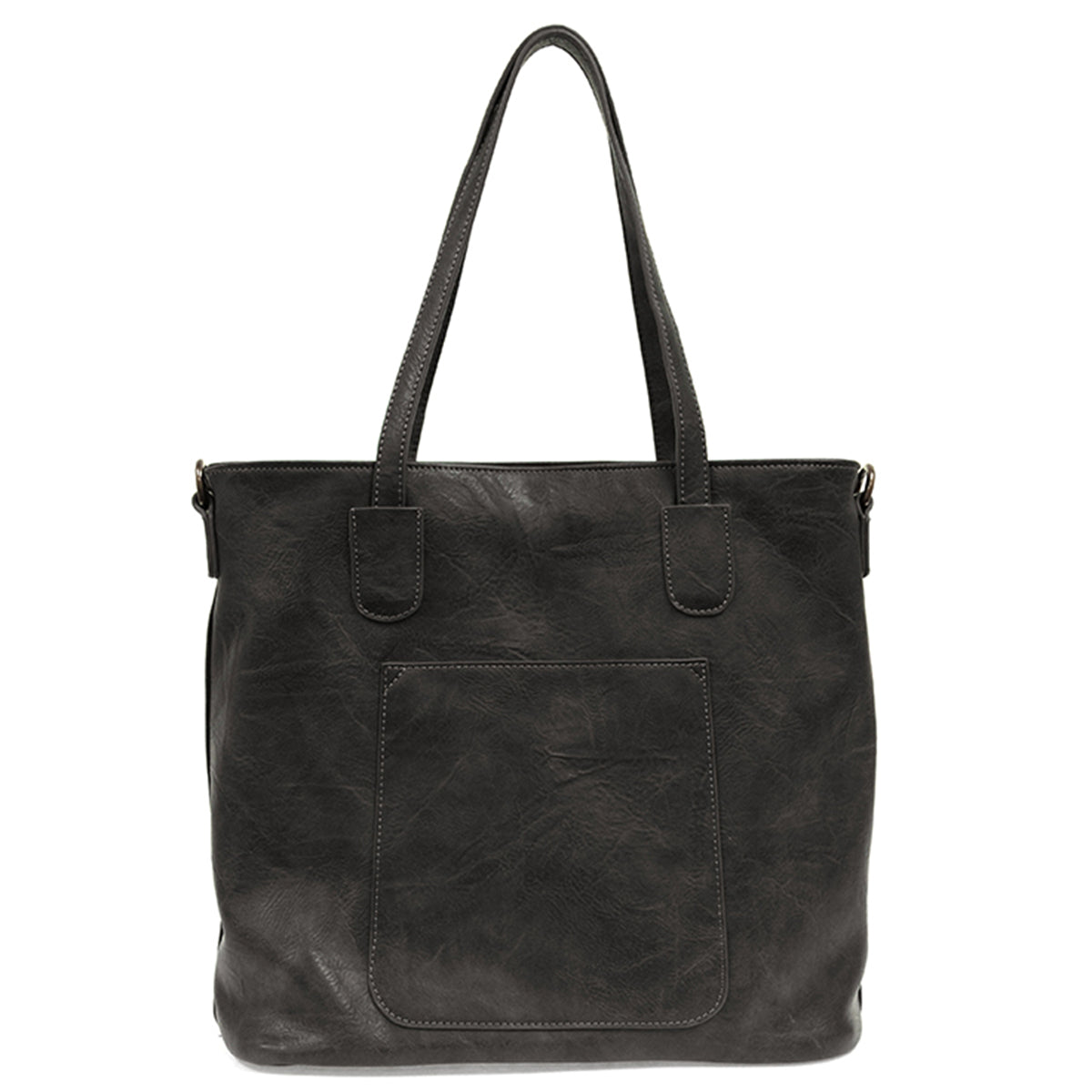 Joy Susan Terri Traveler Black vegan leather tote bag with shoulder straps and interior divider pocket.