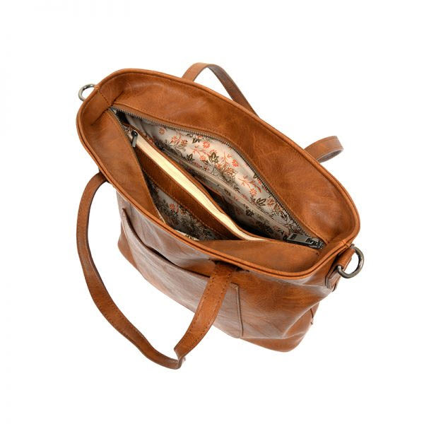 A Joy Susan Terri Traveler bag Vintage Caramel vegan leather shoulder bag with an open zipper, revealing a floral-patterned interior.