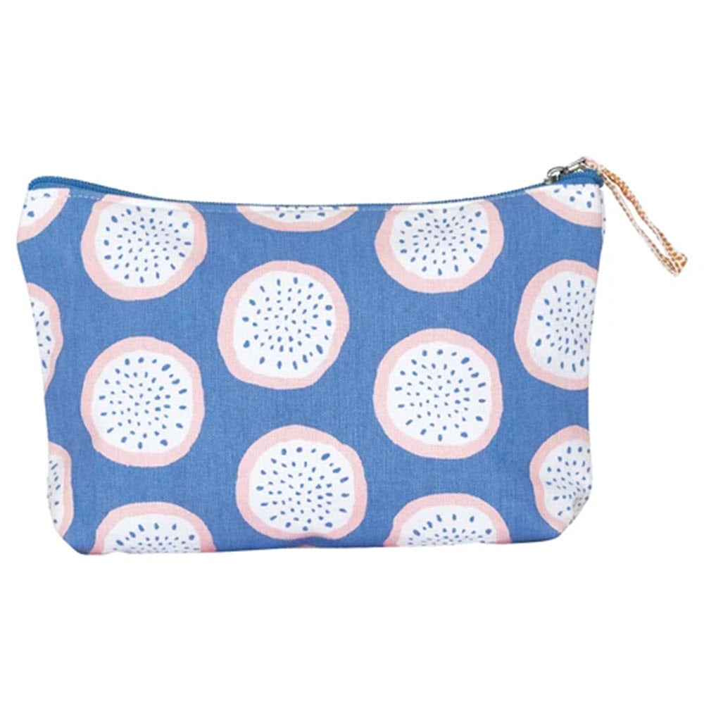 Rockflowerpaper blue canvas pouch with pink and white donut print design and metal zipper.