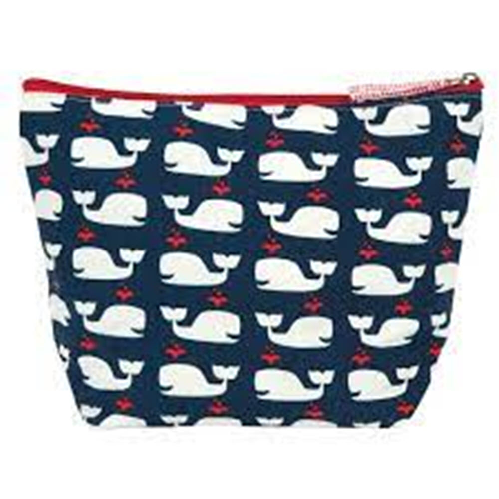 A Rockflowerpaper large pouch Moby Navy with a white and red whale print.