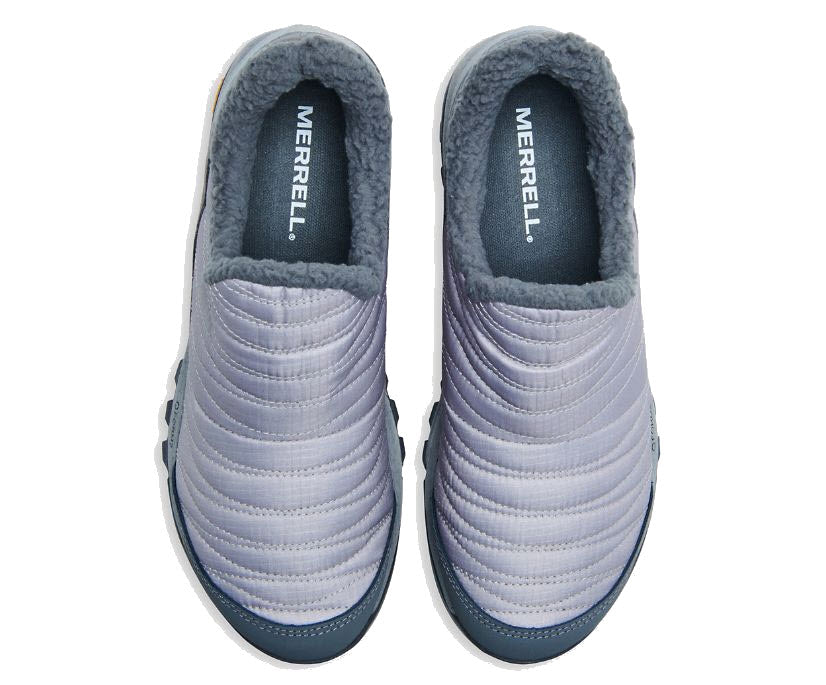 A pair of gray Merrell Antora Sneaker Moc Paloma slip-on shoes made from recycled materials, viewed from above.