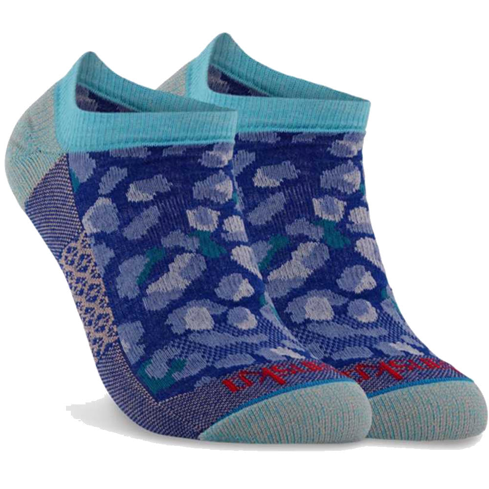 A pair of comfortable, patterned Dansko ankle socks with blue and purple tones.