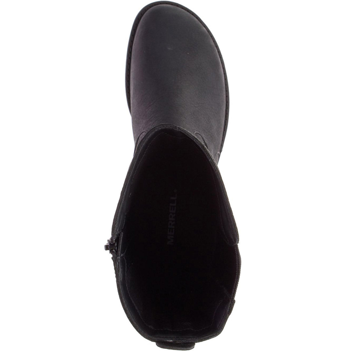 Top view of a single black Merrell Andover Peak waterproof leather boot.
