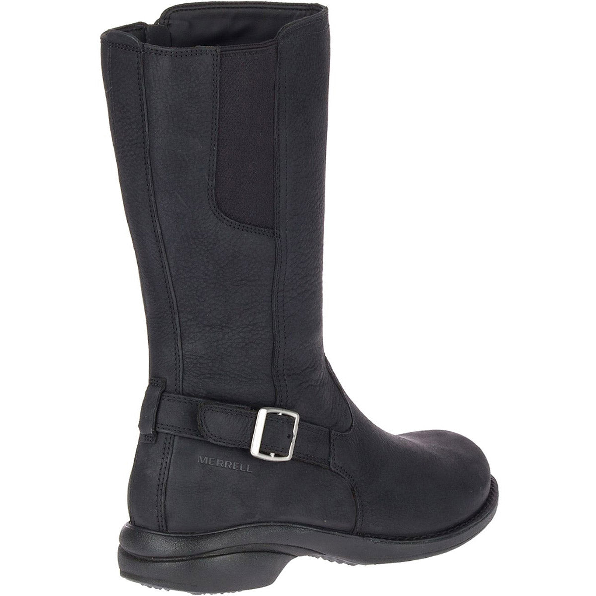 Merrell MERRELL ANDOVER PEAK BLACK - WOMENS mid-calf waterproof leather boots with side buckle detail.