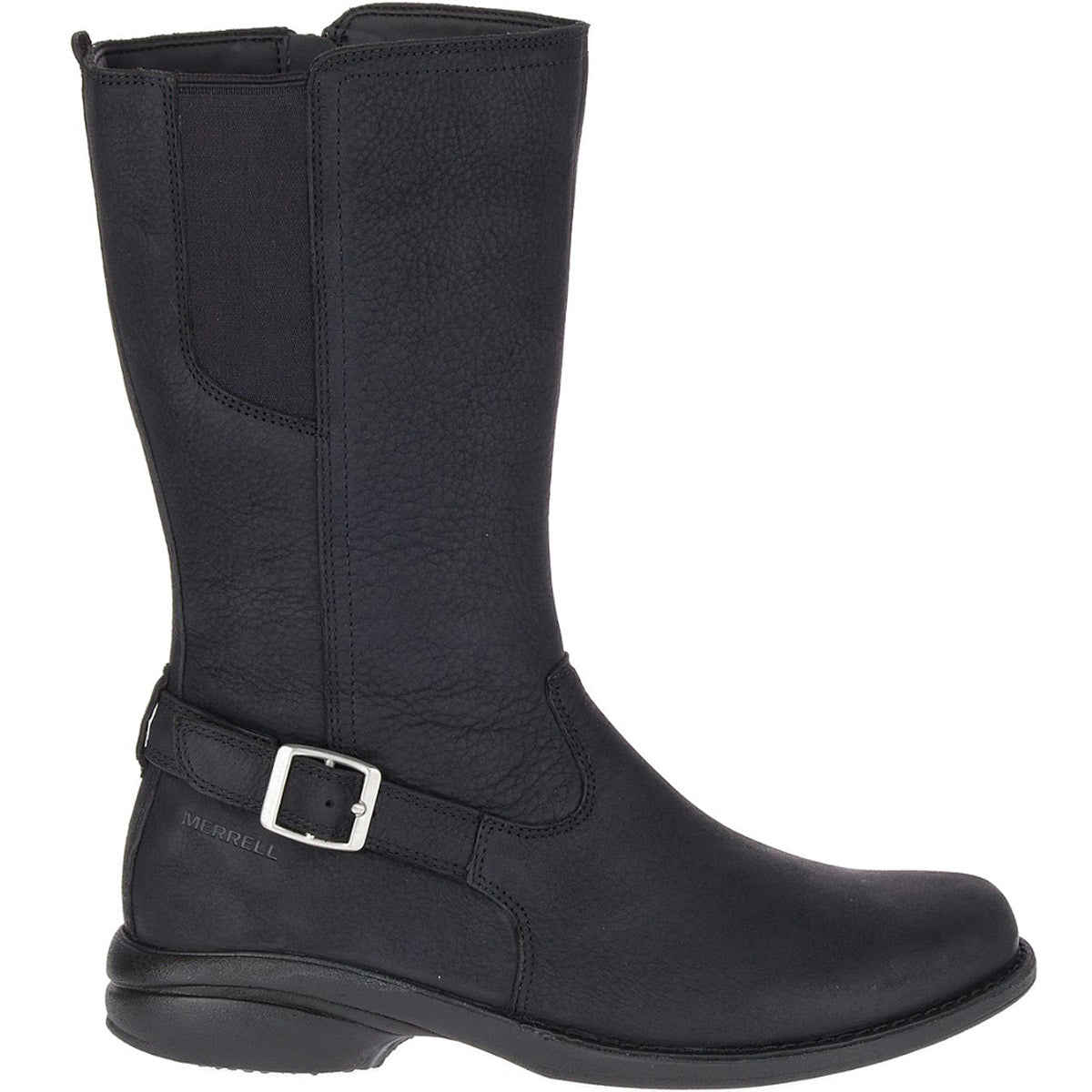 A black mid-calf Merrell women&#39;s Andover Peak Black leather boot with a buckle detail, featuring M Select™ DRY waterproof technology.