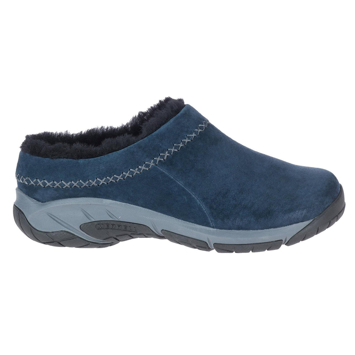 Merrell blue suede slip-on shoe with black fur lining and a rubber sole.