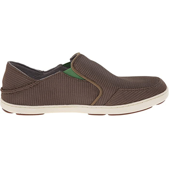 Side view of a OluKai Nohea Pae slip-on casual shoe with breathable mesh uppers and white soles.