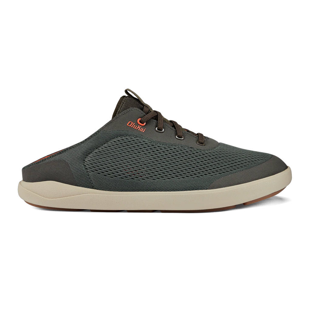 A single Olukai Moku Pae Island Salt/Koi - Mens dark gray casual sneaker with breathable mesh and laces on a white background.