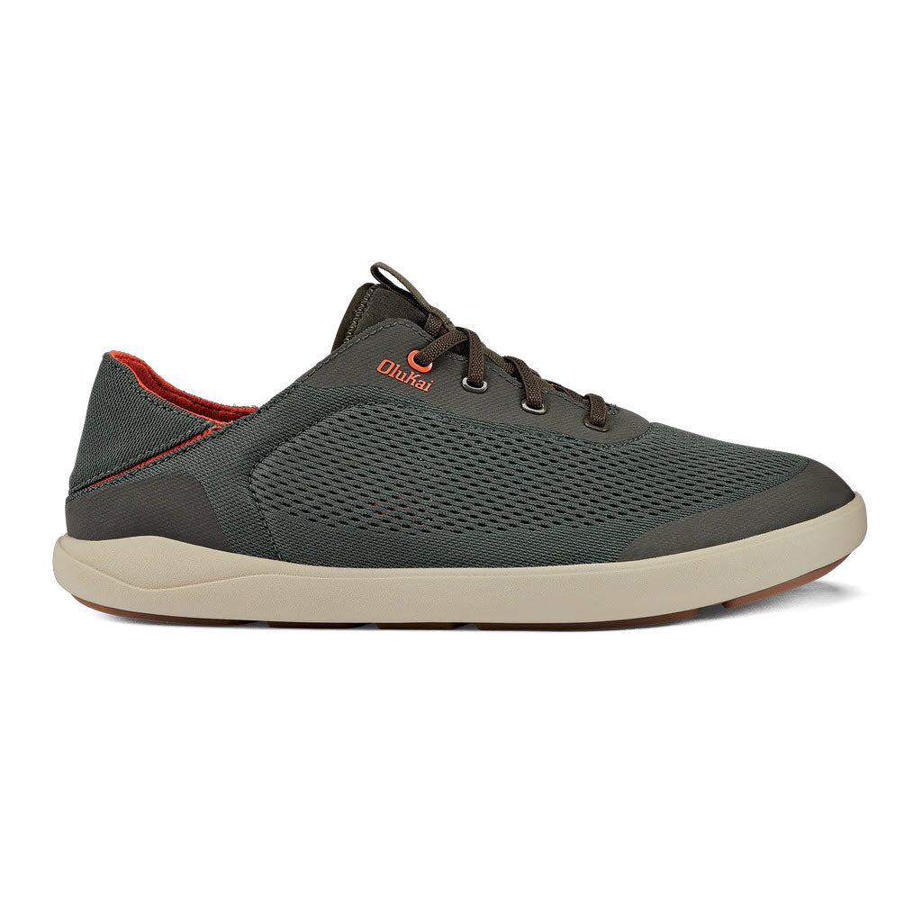 Men's casual sneaker with lace-up design, featuring a breathable gray mesh upper and a tan sole - Olukai Moku Pae Island Salt/Koi - Mens.