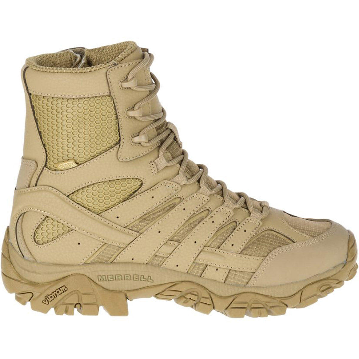 A tan, high-top Merrell MOAB 2 8" Tactical WP Coyote boot with lace-up front and ventilated side panels.