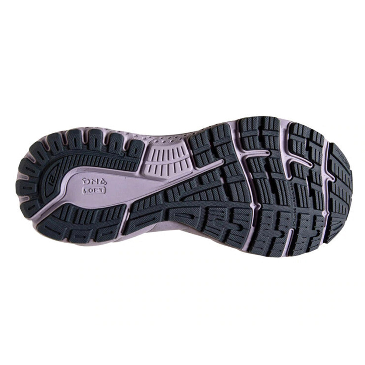 Tread pattern of a shoe sole with Brooks Adrenaline GTS 21 Ombre/Lavender - Womens brand imprint.