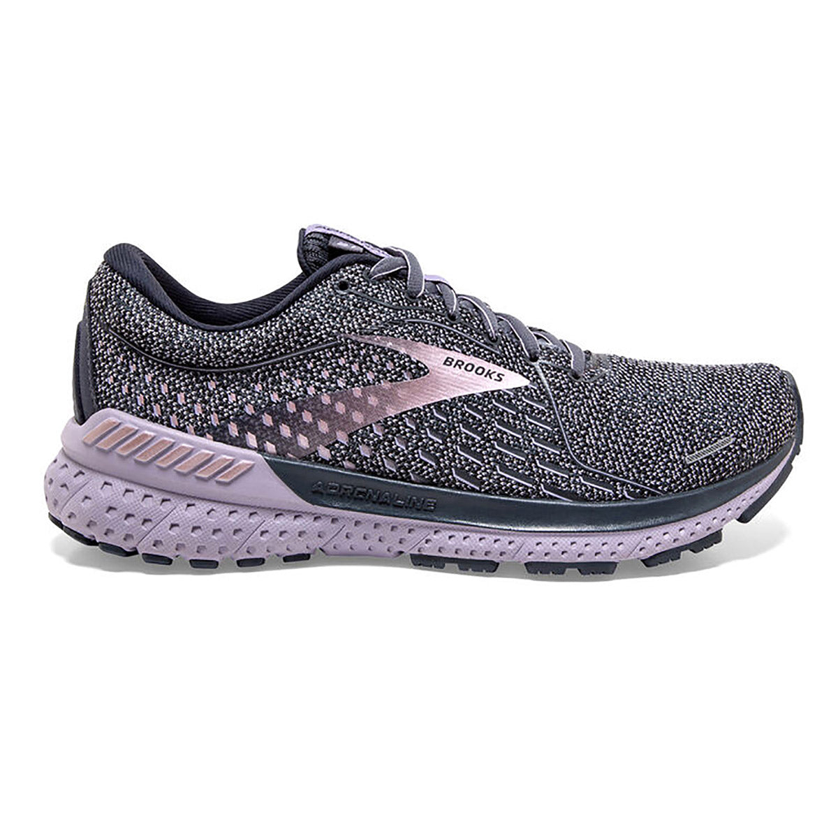 A black and pink Brooks ADRENALINE GTS 21 OMBRE/LAVENDAR running shoe with BioMoGo DNA midsole cushioning technology.