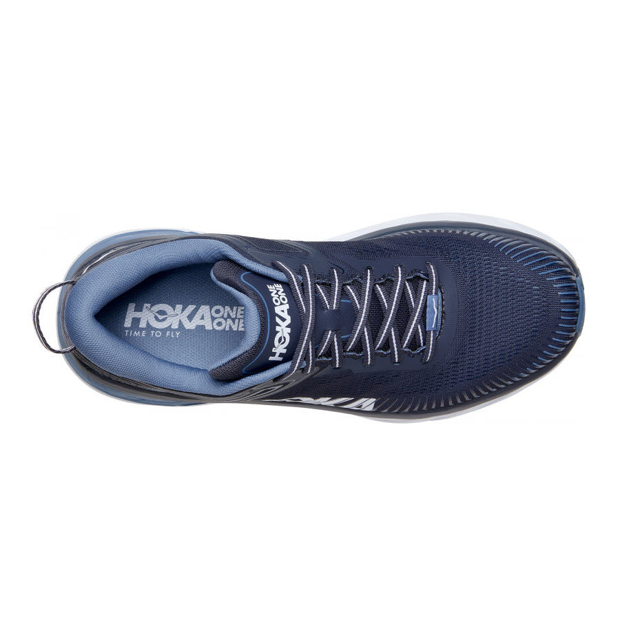 Top view of a blue Hoka BONDI 7 OMBRE BLUE/BLUE - MENS running shoe, designed for a cushioned ride.