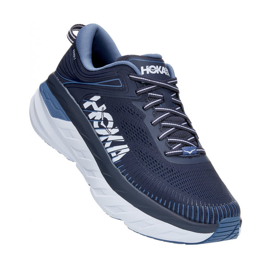 A single Hoka BONDI 7 OMBRE BLUE/BLUE - MENS running shoe featuring a cushioned ride, with a blue upper and white sole, is displayed against a white background.