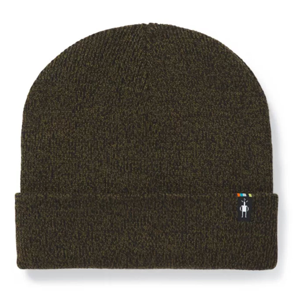 Dark green heavy knit Smartwool Cozy Cabin hat with a small logo on the cuff.