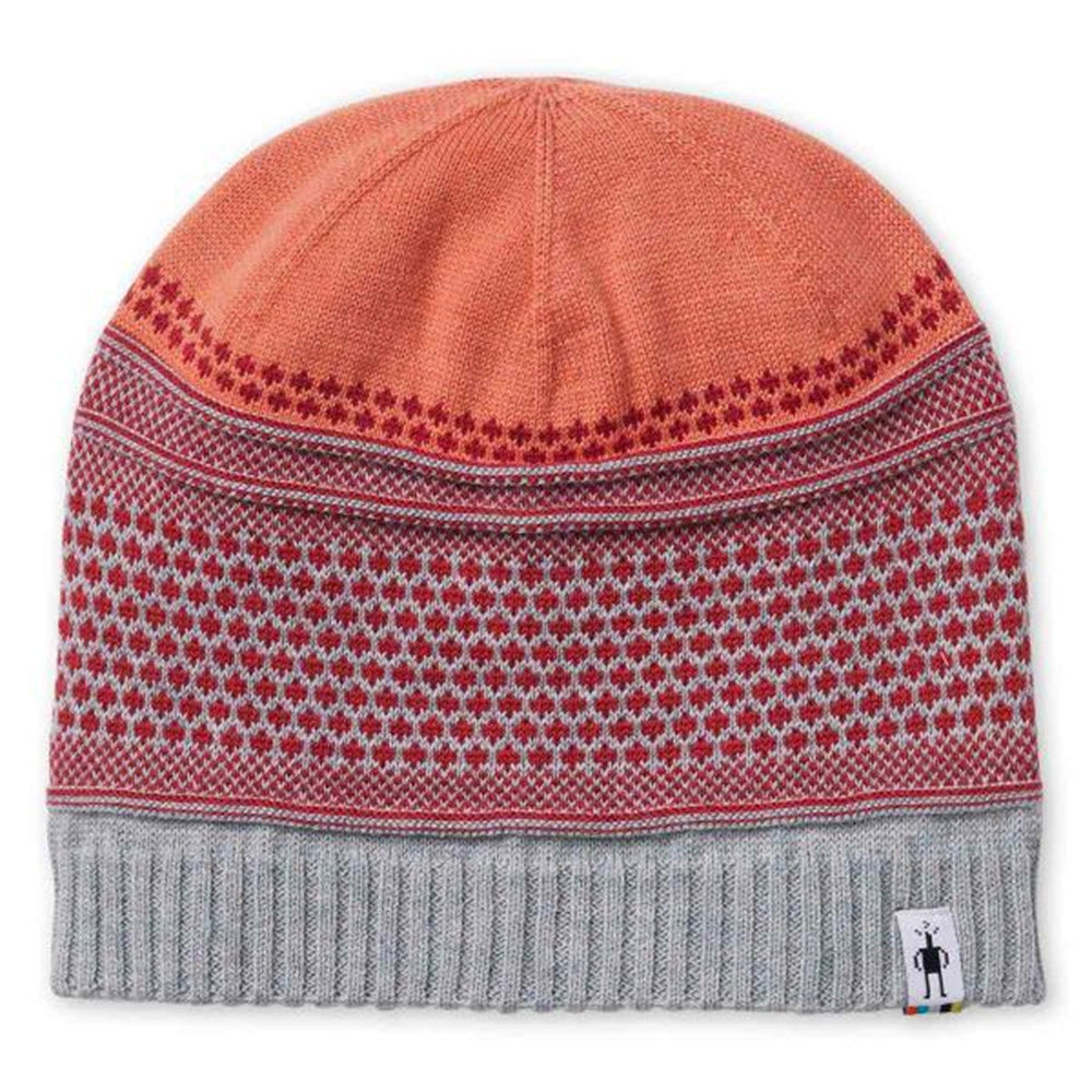 Smartwool Knitted Popcorn Cable Beanie with an orange top, patterned middle in red and white, and grey ribbed bottom crafted from moisture management Merino wool.