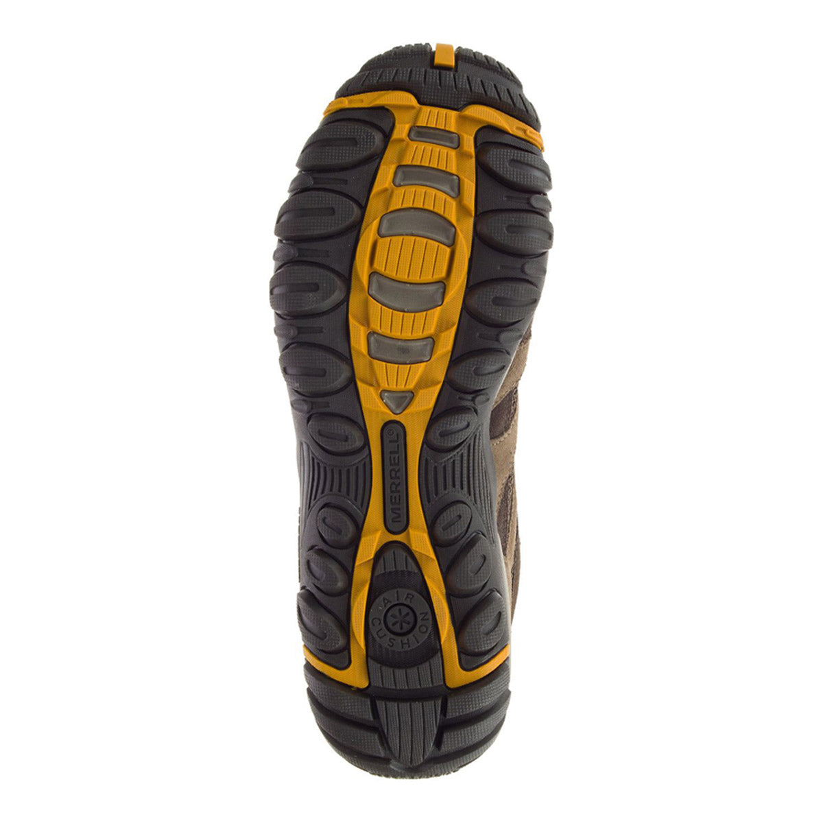 Tread pattern of a Merrell Alverstone Mid WP hiking boot sole with black and yellow accents.