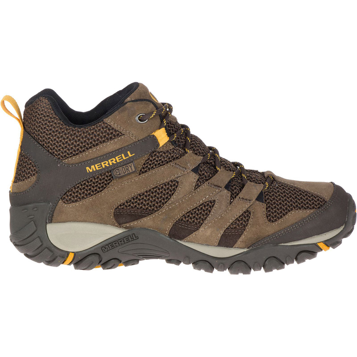 A brown Merrell MERRELL ALVERSTONE MID WATERPROOF STONE hiking boot with mesh inserts and a rugged sole, featuring M Select™ DRY technology.