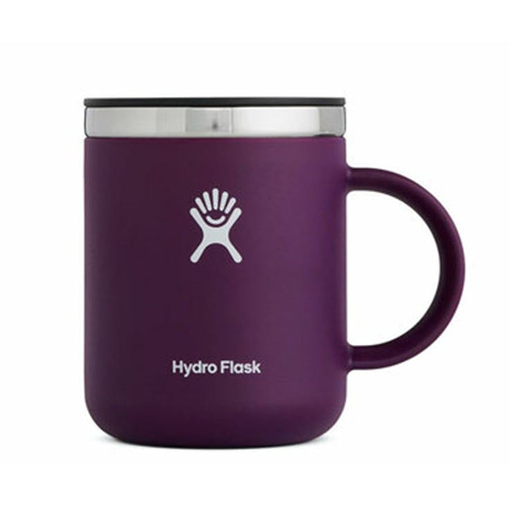 A purple Hydro Flask Coffee Mug 12oz Eggplant with a handle, a closeable lid, and a silver rim.