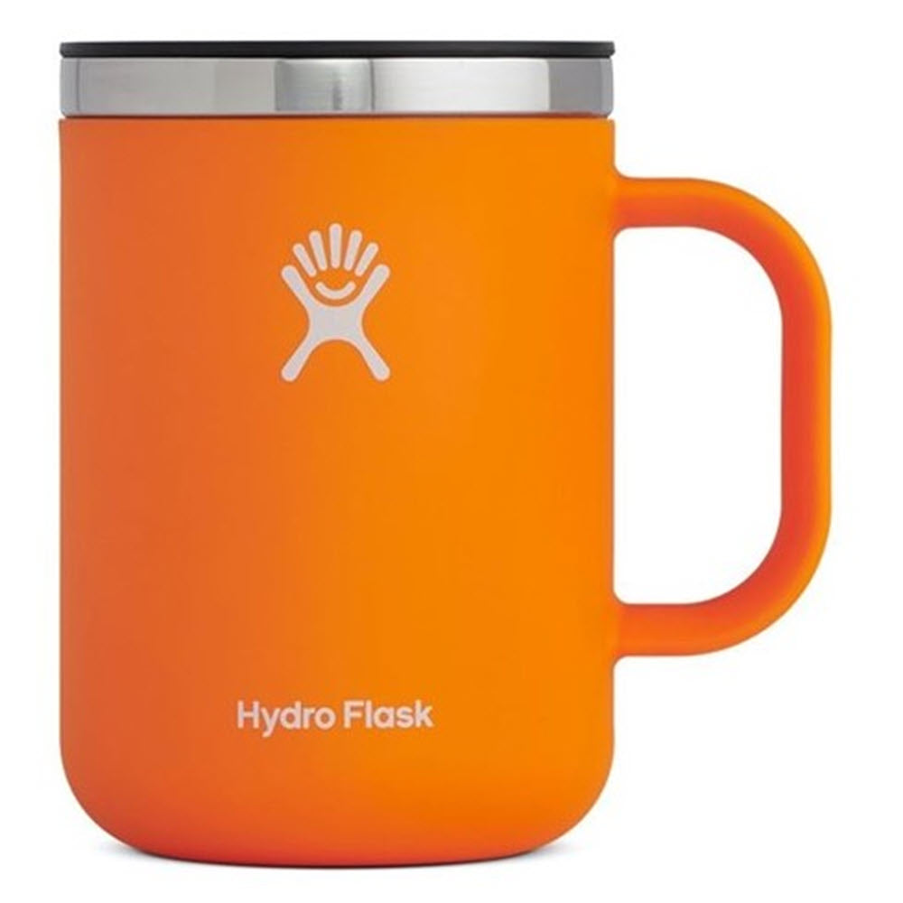 An orange Hydro Flask 24 ounce insulated mug with a brand logo on the front and a temperature stable, closeable lid.
