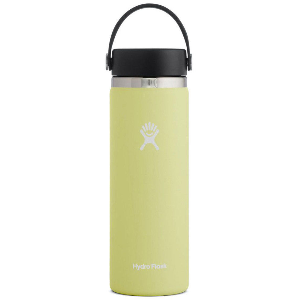 Yellow Hydro Flask Wide Mouth Hydration 20oz Pineapple water bottle with TempShield insulation and a handle on its lid.