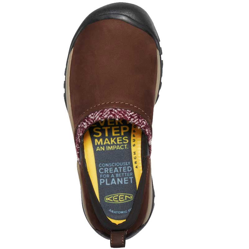 Top-down view of a brown Keen Kaci II Winter slip-on shoe showcasing the removable EVA foam footbed and brand label.