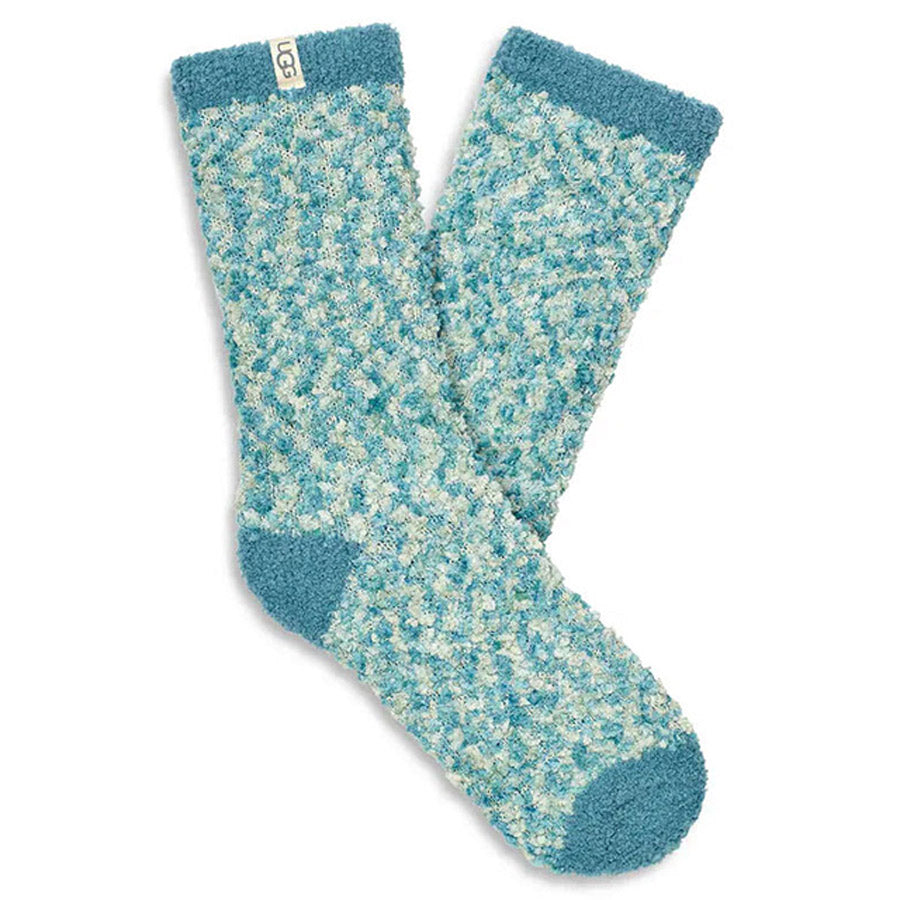 A pair of UGG Cozy Chenille socks in Mediterranean Blue and white.