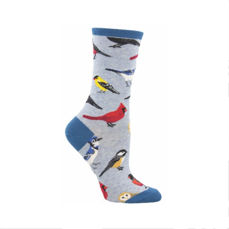 A single Socksmith Bird is the Word Blue sock with colorful bird patterns displayed on a white background.