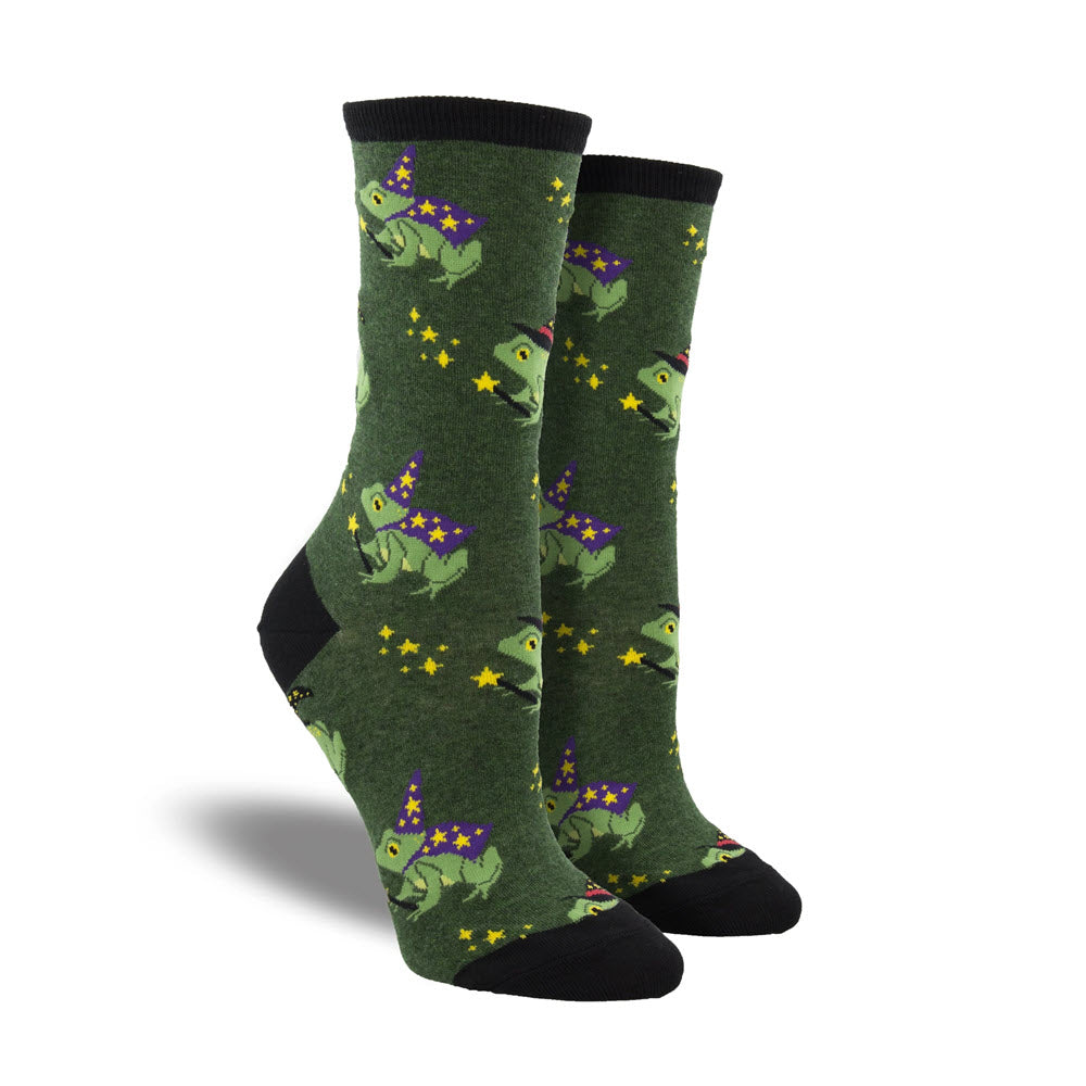 A pair of SOCKSMITH FREAKY FROGS CREW SOCKS GREEN - WOMENS with a pattern of dinosaurs wearing party hats, now refashioned as dress-up socks.