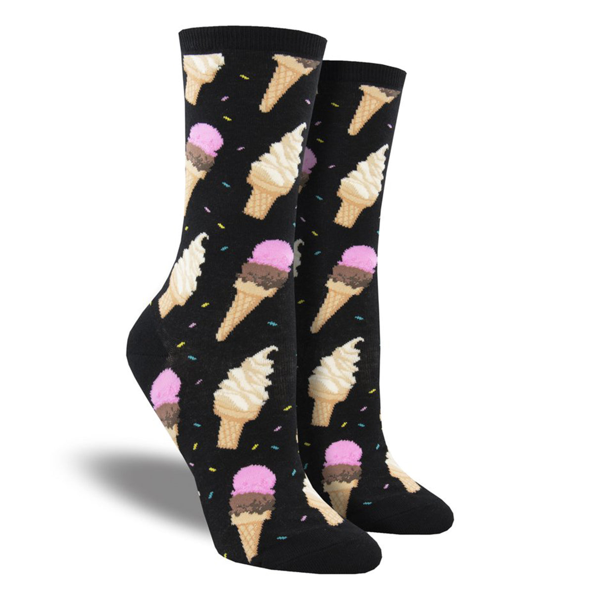 A pair of Socksmith I Scream Socks Black with various ice cream cone designs, suitable for womens shoe size.