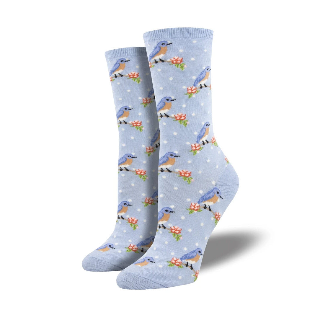 A pair of Socksmith Bluebird crew socks with a bird and floral pattern on a white background, fitting women’s shoe size 5-10.5.