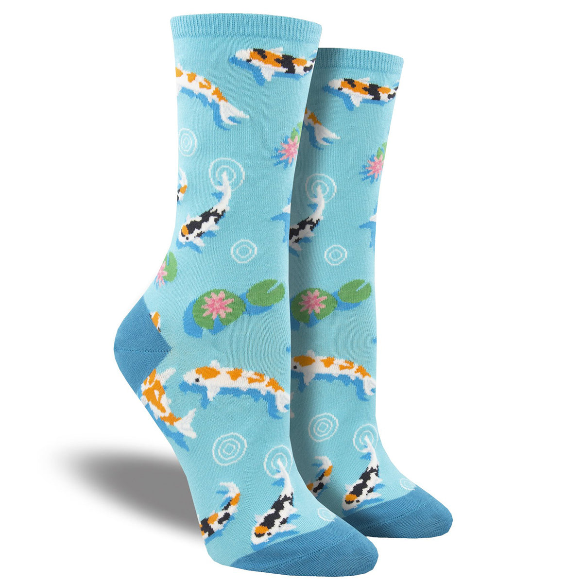 A pair of Socksmith Every Now & Zen crew socks designed for women’s shoe size 5-10.5, featuring blue koi fish and floral patterns on a white background.