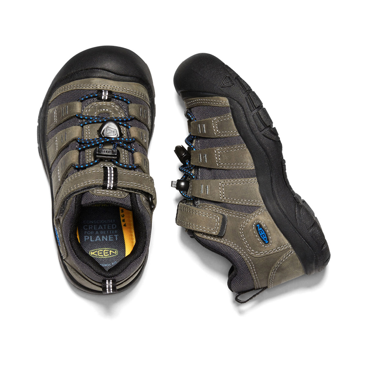 A pair of Keen Newport hiking shoes displayed from a top-down perspective, featuring a breathable mesh lining.