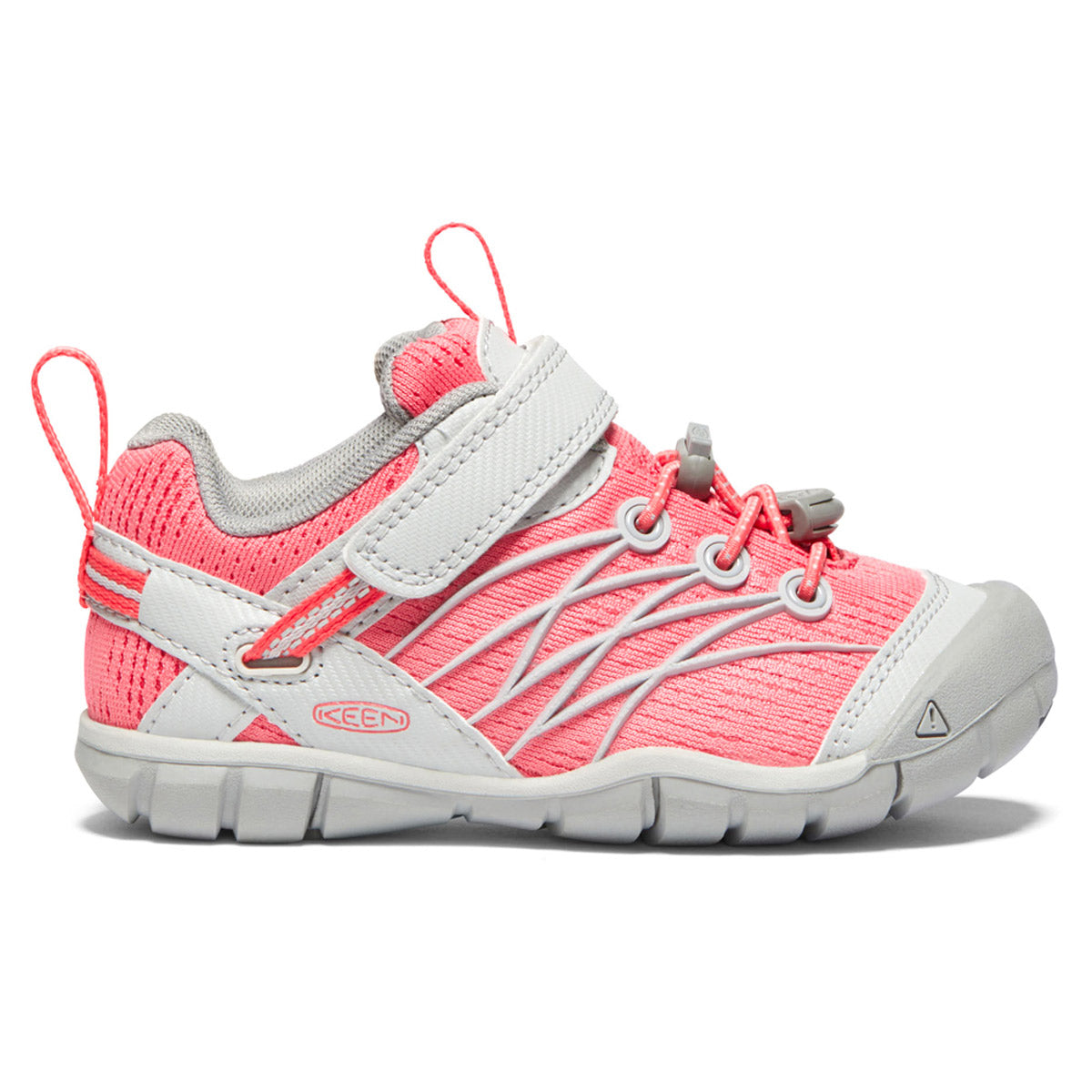 A single pink and gray Keen Chandler CNX Child Drizzle/Dubarry sandal with elastic laces against a white background, designed as traction-enhanced kids shoes.