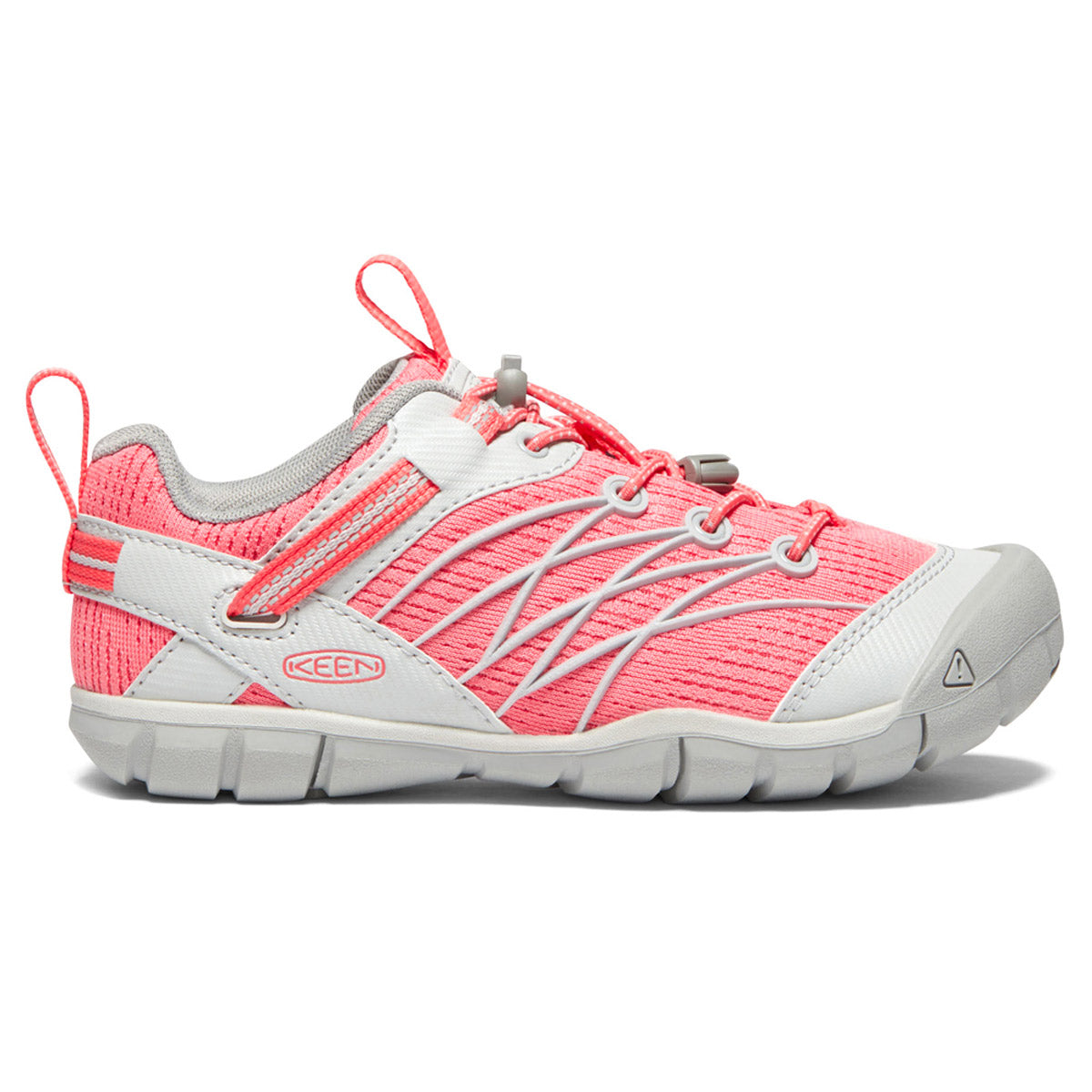 A single pink and white Keen Chandler CNX Youth Drizzle/Dubarry athletic shoe with bungee lacing and lightweight performance mesh displayed against a white background.