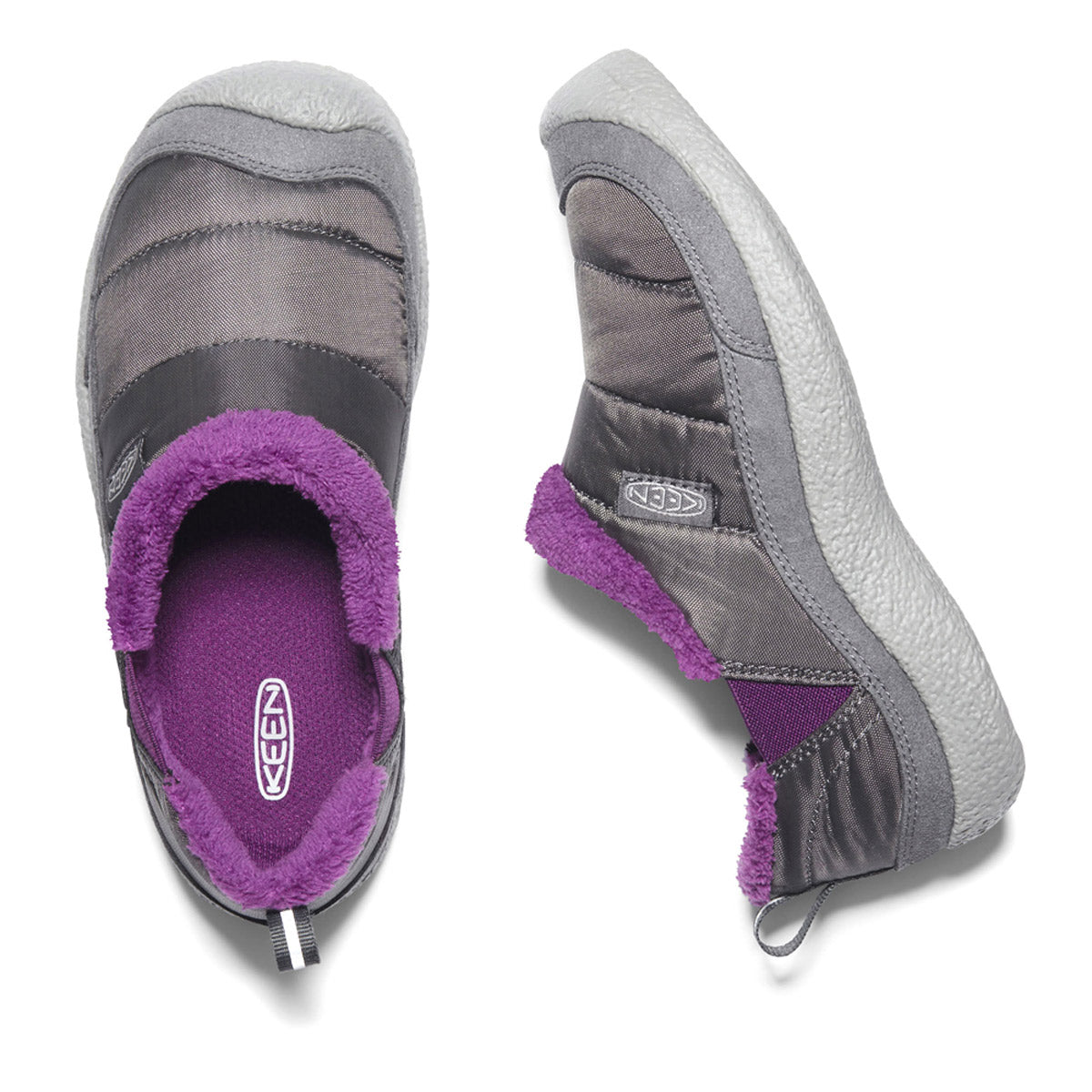 Top view of a pair of gray and purple Keen Howser II Child Steel Grey/Wood Violet slip-on shoes with fleece lining.